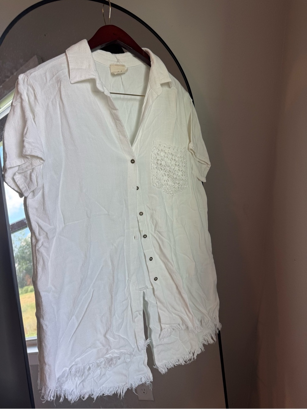 linen blend Button Shirt tunic bohemian Crochet artistic works by lu